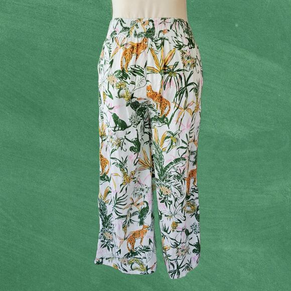 Rachel Zoe Linen Wide Leg Crop Pant Tropical Jungle Jaguar Small White GreenPink - Picture 2 of 7